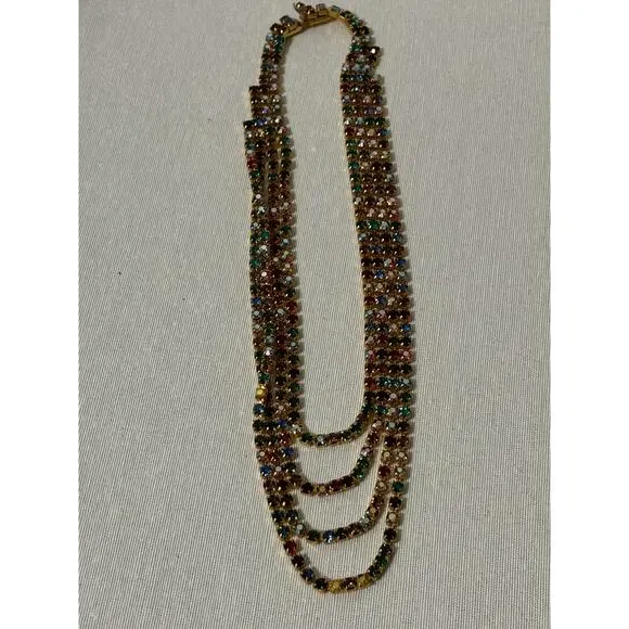 Vintage 70's Necklace Multicolor Aurora Borealis Crystals Gold Tone Stunning - Picture 6 of 7